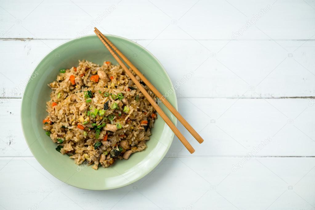Fried Rice Top View on White Background.