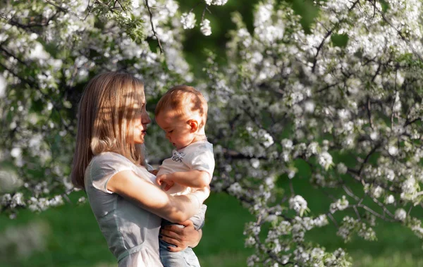 Mamá y el bebé juntos entre los árboles que florecen, bebé en brazos de las mamás — Foto de Stock
