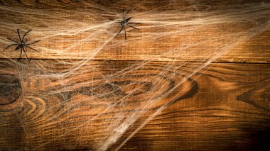 Siyah örümceklerle kaplı ahşap arka plan ve kopya alanı, Cadılar Bayramı konsepti