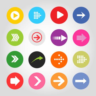 Arrow sign icon set. Simple circle shape internet button on gray background. Contemporary modern style. Vector illustration