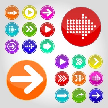 Arrow sign icon set. Simple circle shape internet button on gray background. Contemporary modern style. Vector illustration