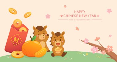 Altın sikkelerle dolu kırmızı bir çanta. Çin Yeni Yılı 'nı neşeli ve şirin bir at maskotuyla kutluyoruz. Çevirisi: zenginlik.