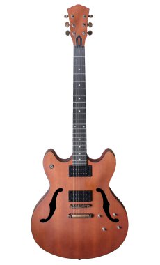 İçi boş gövde elektro gitar ile humbuckers. Makro çekim, siyah arka plan, karanlık anahtar