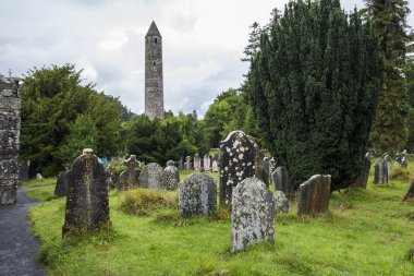 Yosun kaplı mezar taşları. Glendalough, Wicklow park, İrlanda