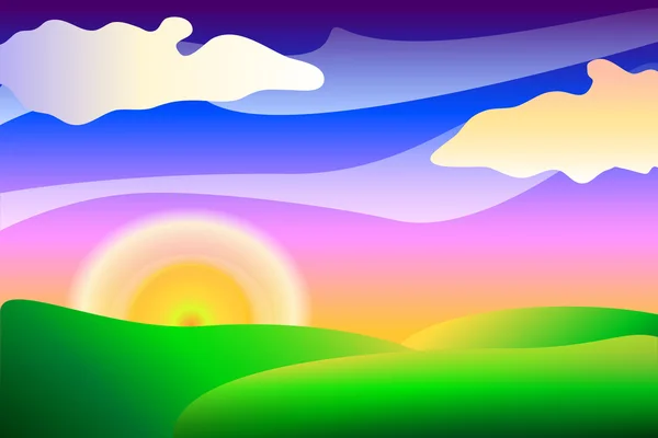 Coloré dessin animé coucher de soleil paysage vecteur arrière-plan — Image vectorielle