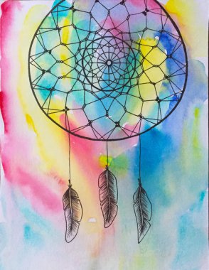 Suluboya ve siyah mürekkep dreamcatcher boyama