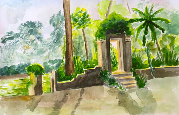 Portão do antigo templo em ilustração de aquarela de floresta tropical — Fotografia de Stock