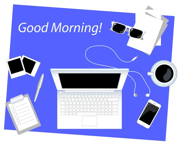 Business-Ontbijt op werk bureau vlakke stijl vectorillustratie met plaats voor tekst — Stockvector