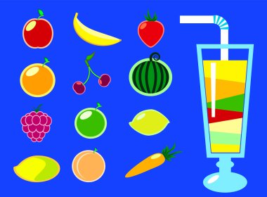 Yaz meyve ve smoothie cam düz tarzı vektör illüstrasyon mavi