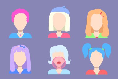 Düz stil vektör illüstrasyon kız avatarları seti, kişiselleştirme için preppy kız avatarları