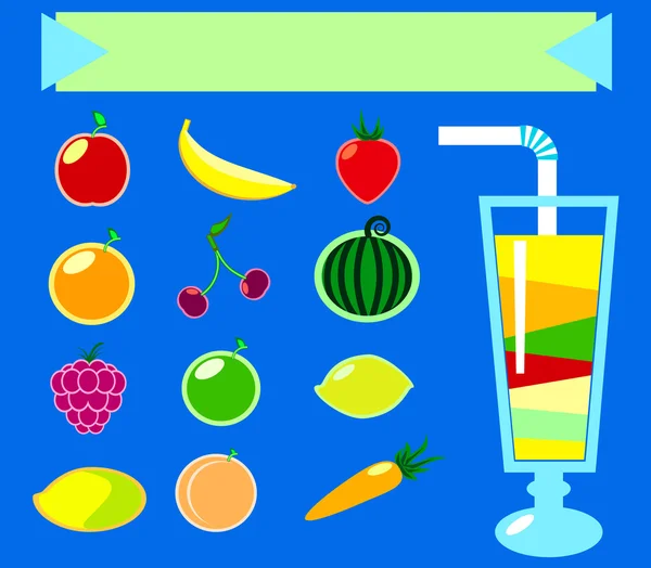 Sommerfrüchte und Smoothie-Glas flache Vektorillustration auf blau mit Platz für Text — Stockvektor