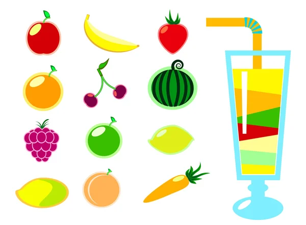 Sommerfrüchte und Smoothie-Glas flache Vektorillustration auf weißem, saftigen Früchteset — Stockvektor