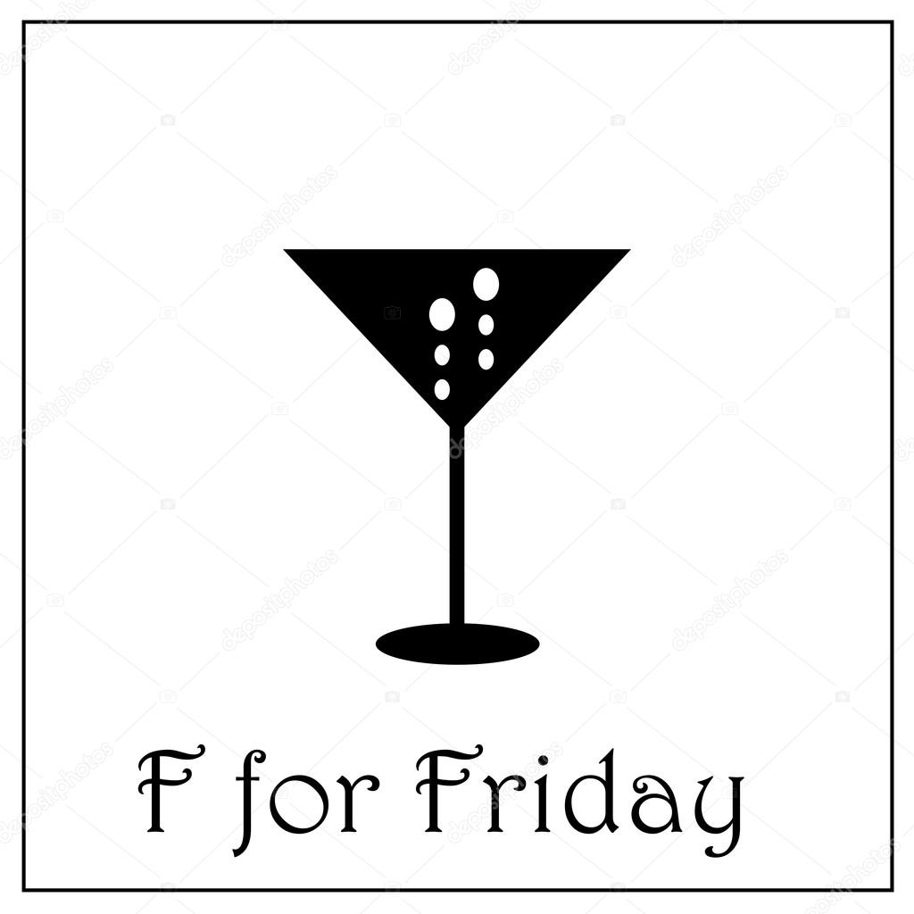 F for Friday week alphabet vector illustration, business week illustration, F letter, alcohol drink icon, Friday party vector illustration, black and white icon with glass with drink, champagne glass