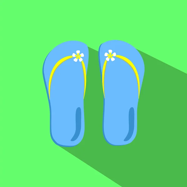 Blauwe en gele slippers op groene platte stijl vector illustratie — Stockvector