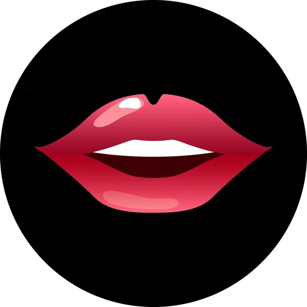 Labios rojos en la ilustración del vector negro para la impresión de la camiseta, labios sensuales de una mujer sonriendo, imagen brillante del lápiz labial, boca que besa de la muchacha, sonrisa bonita de la mujer, labios rosados aislados, labios y dientes icono — Vector de stock