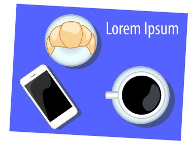 Sabah kruvasan ve iphone vektör çizim mavi ile kahve