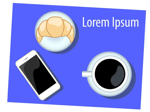 Café du matin avec croissant et illustration vectorielle iphone sur bleu — Image vectorielle