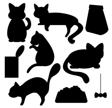 Clipart kedi ve kedi gıda siluetleri vektör