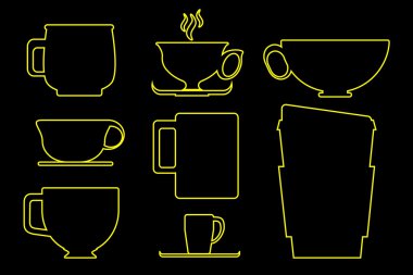 Kağıt ve siyah zemin üzerine sarı vektör çizim özetlenen seramik kahve fincanı