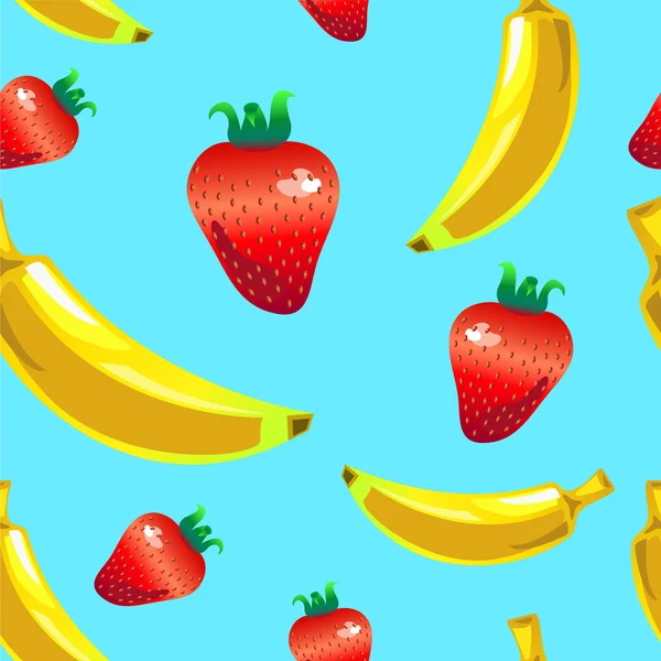 Μπανάνα φράουλα άνευ ραφής διάνυσμα μοτίβο σε μπλε φόντο — Διανυσματικό Αρχείο