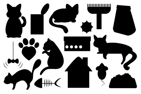 Cat pet vector illustration, with cat food, cat toy, cat paw mark and cat house — Stock Vector