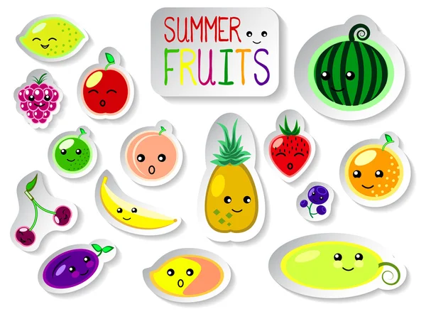 Ensemble de fruits d'été dans un style plat. Mignon kawaii visages de fruits frais mûrs . — Image vectorielle