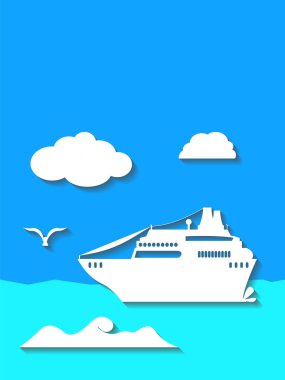 Cruise gemi deniz düz stil vektör çizim içinde. Dikey başlık sayfası veya kartpostal şablonu