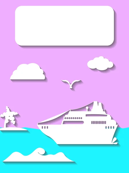 Tengerjáró hajó, a trópusi szigeten, és felhők vektoros illusztráció lapos stílusú. — Stock Vector
