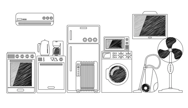 Elektrische Haushaltsgeräte, monochrom skizzierte Vektorillustration. — Stockvektor