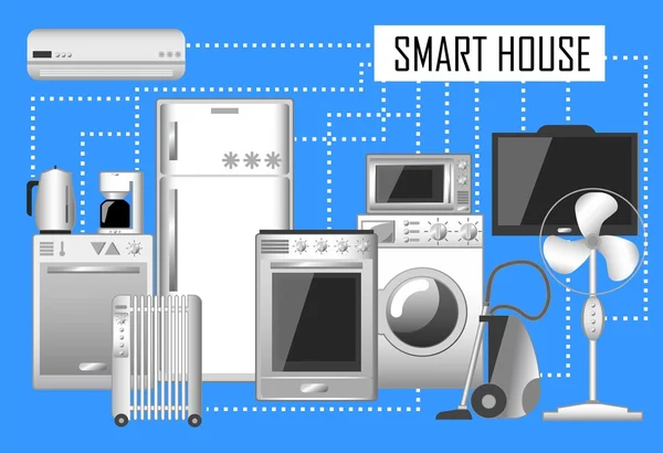Smart House ilustrace, sada elektronických domácích spotřebičů připojených k Internetu. — Stockový vektor