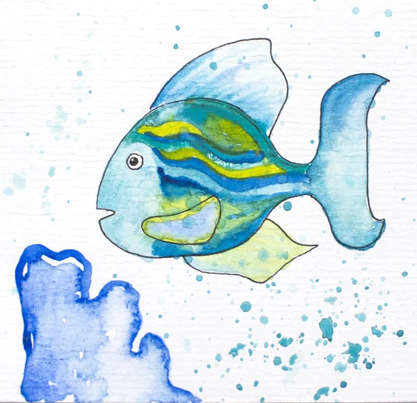 青サンゴ - 水彩イラストを描かれた魚します。 — ストック写真