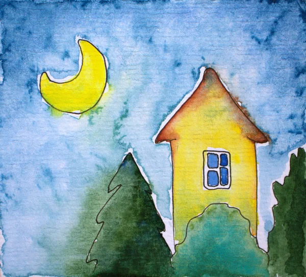 Aquarell-Illustration mit Dorfhaus, Tannen und Mond — Stockfoto