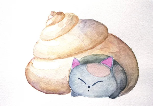 Sleepy cat in the shell watercolor nursery illustration — Stock Photo, Image