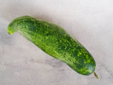 Canlı, kendine özgü kıvrımlı bir salatalık. Yemek fotoğrafçılığına ve sağlık odaklı içeriğe uygun..