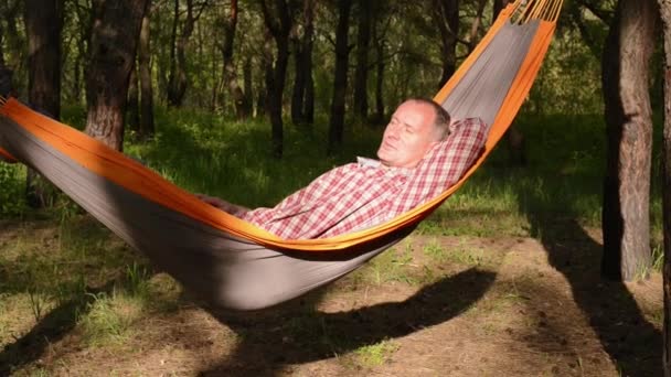 Hombre sonriente relajándose en una hamaca — Vídeos de Stock