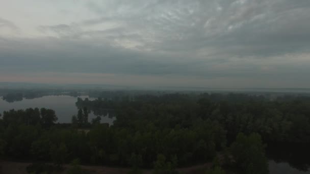 Ακτή της μεγάλο ποτάμι στην ομίχλη κατά τη διάρκεια της αυγής — Αρχείο Βίντεο