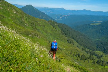 Uzun yürüyüşe çıkan kimse çimenli yamaçta gider 