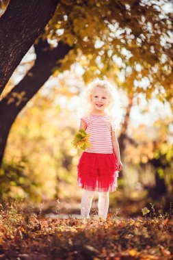 Sarı yaprakların arkasında gülümseyen küçük bir kız.
