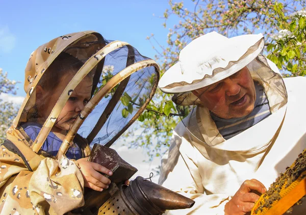 L'apicoltore nonno e nipote esaminano un alveare di api — Foto Stock