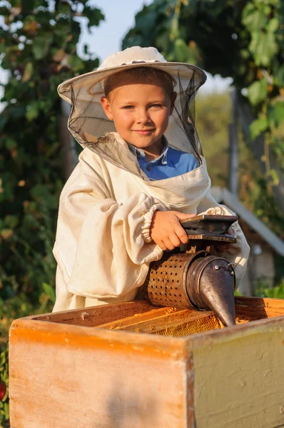Μελισσοκόμος πορτρέτο ενός νεαρού αγοριού που εργάζεται για το μελισσοκομείο στην κυψέλη με καπνιστή για τις μέλισσες στο χέρι — Φωτογραφία Αρχείου
