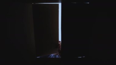 Çocuk içinde bir hediye olan bir kutuyu açtı. Küçük bir kız kutunun içine bakar, şaşırır ve bir sürpriz aldığına sevinir. Yavaş Hareket.