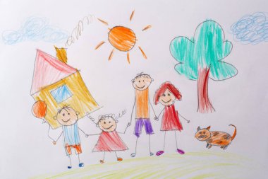 Çocuklar Mutlu Ailemi çiziyor. Çocuk psikolojisi kavramı. Fotoğrafı kullanan çocuğun psikolojik testi.