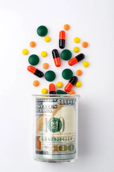 Colorful Pills Spilled Bottle Made Money Concept Drug Purchase — Stock Photo, Image