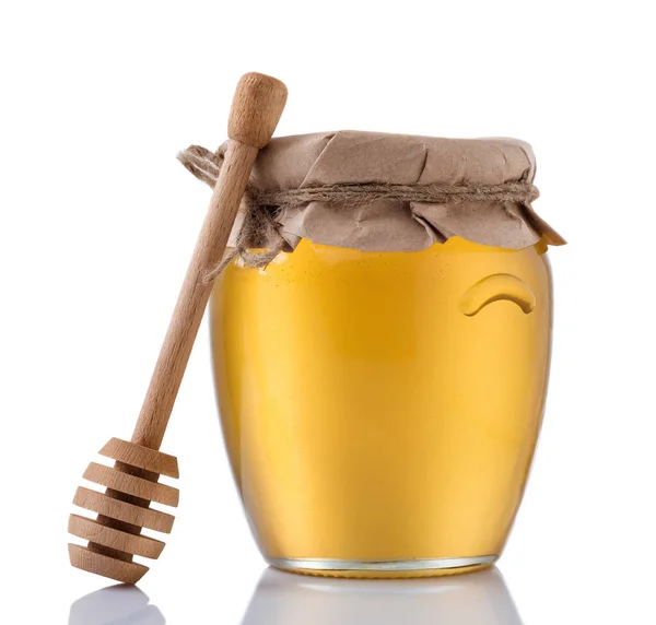 Glass Jar Full Honey Wooden Stick White Background — Stock Photo, Image