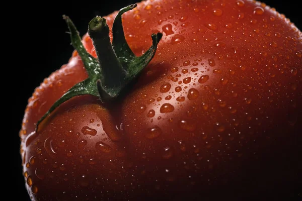 Red Ripe Tomato Drops Water Black Background — Stock Photo, Image