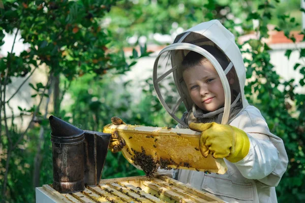 養蜂場の近くの保護服の中で陽気な少年養蜂家 蜂蜜とハニカム 有機食品の概念 最も役に立つ有機蜂蜜 — ストック写真
