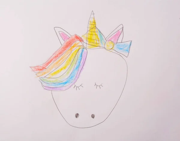 Dibujo Para Niños Con Lápices Colores Unicornio Bastante Lindo —  Fotos de Stock