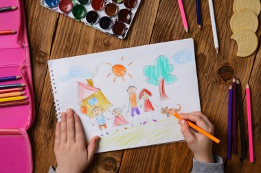 Bir tema üzerinde bir çocuk resmi - mutlu ailem, renkli kalemlerle boyanmış. Fotoğrafı kullanan çocuğun psikolojik testi.