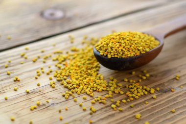 Arı poleni kaşık içinde ahşap arka planda. Sağlıklı organik çiğ diyet vejetaryen besin maddesi - arı poleni. Arıcılık ürünleri. Apioterapi