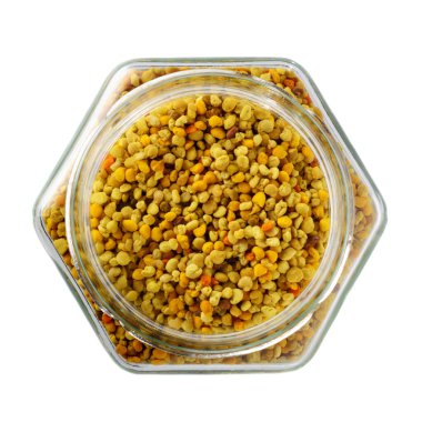 Cam kavanozda çiçek poleni. Apioterapi